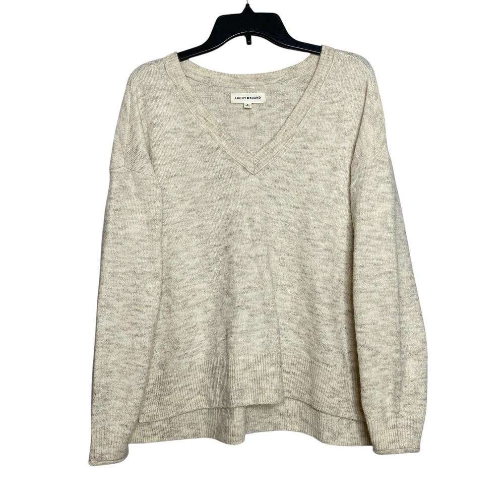 Lucky Brand Sweater Women Sz S Oatmeal Wool Blend V Neck Oversized Lightweight